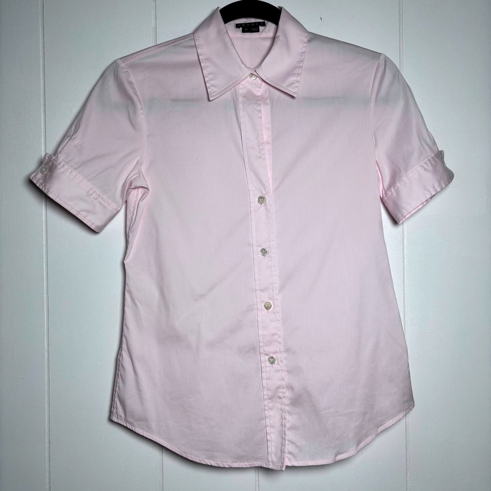 Theory Adele Precise Pink Short Sleeve Button Down Shirt Size P (XS) Office Slim